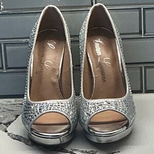 Lauren Lorraine Candie-12 Silver Rhinestone Peep Toe‎ Platform Pumps Womens 5.5